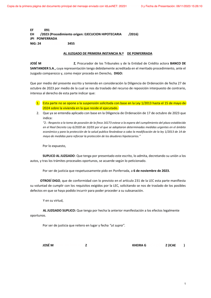 06-11-23.- ESCRITO CONTRARIO de B SANTANDER no se opone a la suspension solicitada hasta el 2024-1