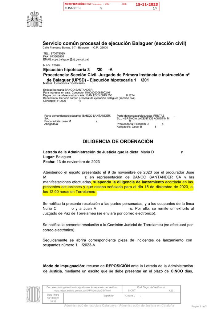 13-11-23.- D.O. notif el 15-11 se suspende diligencia de lanzamiento sen_alada para el 15-12 a las 12h