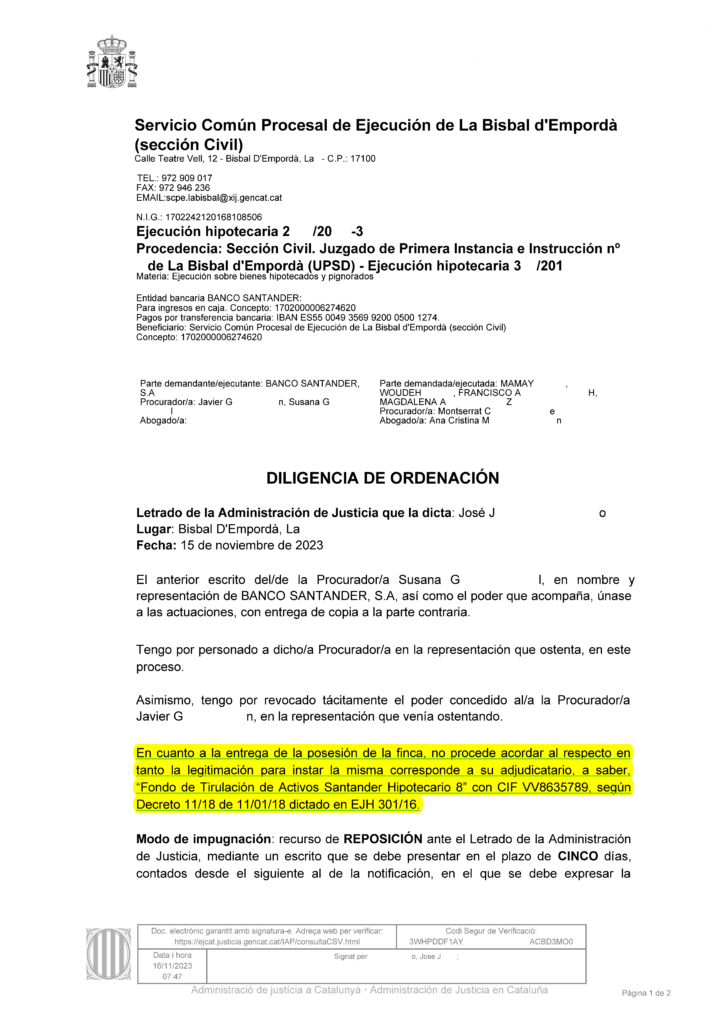 15-11-23.- D.O. notif el 17-11 entrega posesion finca NO procede la legitimacion