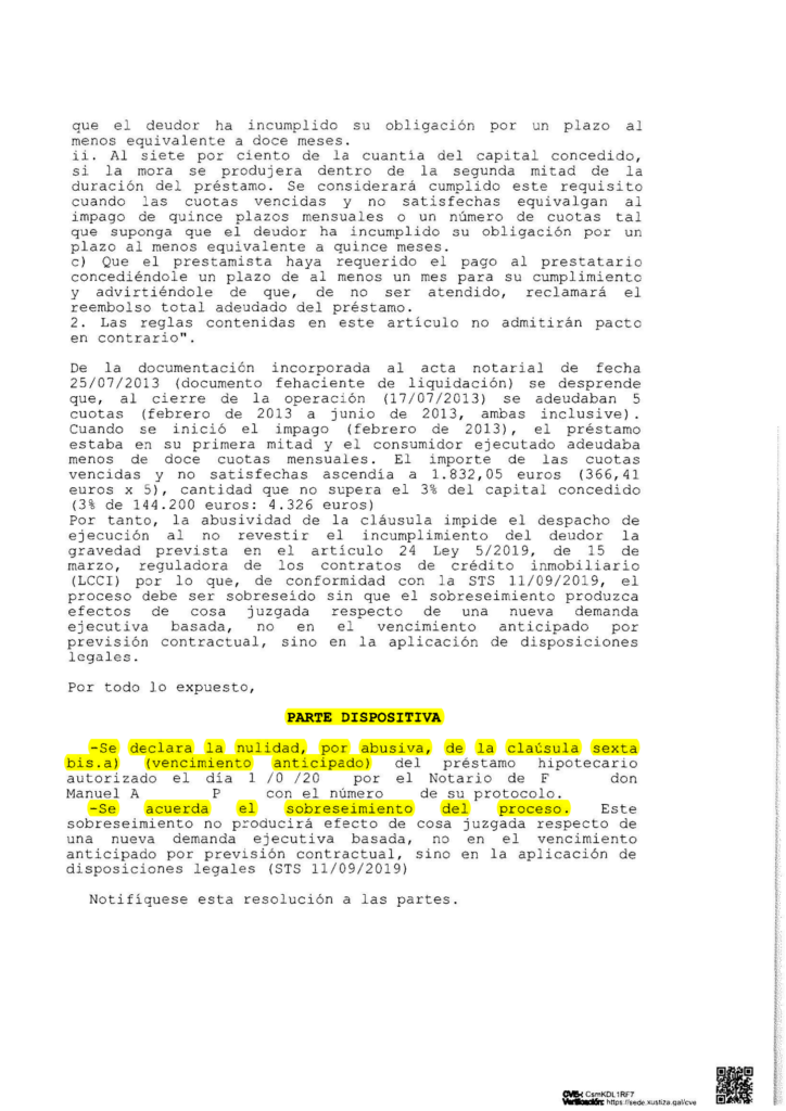 25-10-23.- AUTO notif el 02-11 se DECLARA LA NULIDAD POR ABUSIVA de la clausula 6a y se acuerda el SOBRESEIMIENTO del proceso-1