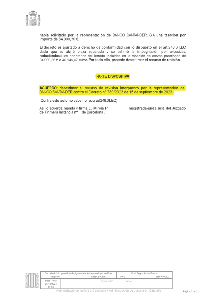 27-10-23.- AUTO notif el 30-10 se desestima recurso revision de B SANTANDER