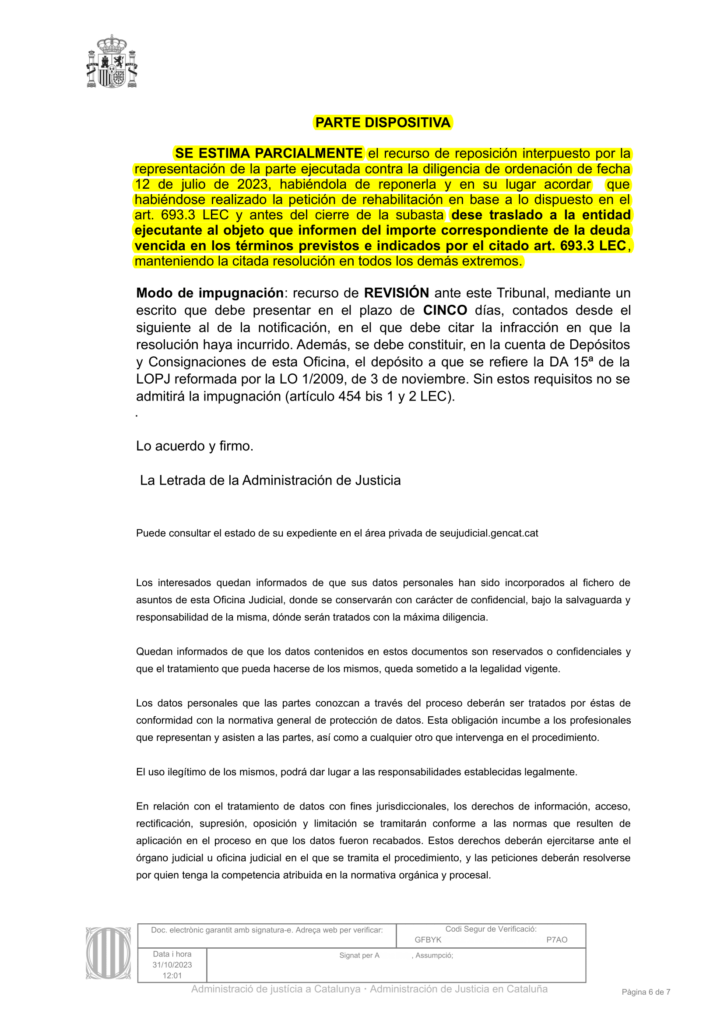 31-10-23.- DECRETO notif el 02-11 SE ESTIMA PARCIALMENTE nuestro recurso de reposicion-1