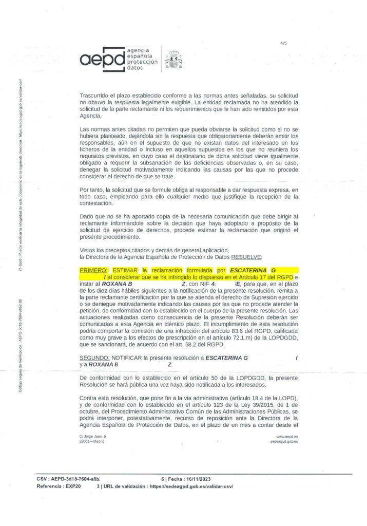 20-12-23.- AEPD notif. se ESTIMA reclamacion de ESCATERINA G