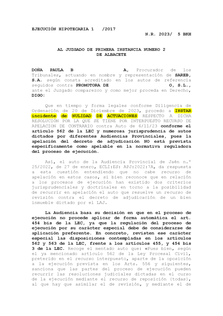 08-01-24.- ESCRITO CONTRARIO de SAREB instando incidente de nulidad de actuaciones