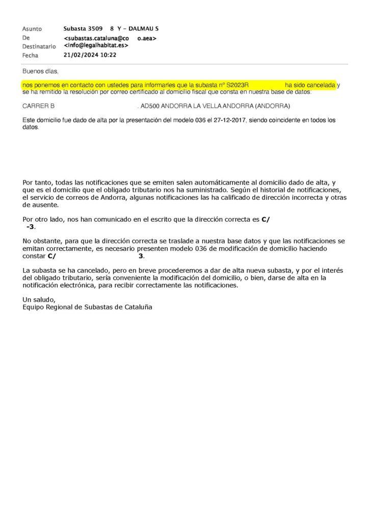 21-02-24.- CORREO RECIBIDO de AEAT nos informa que la subasta HA SIDO CANCELADA