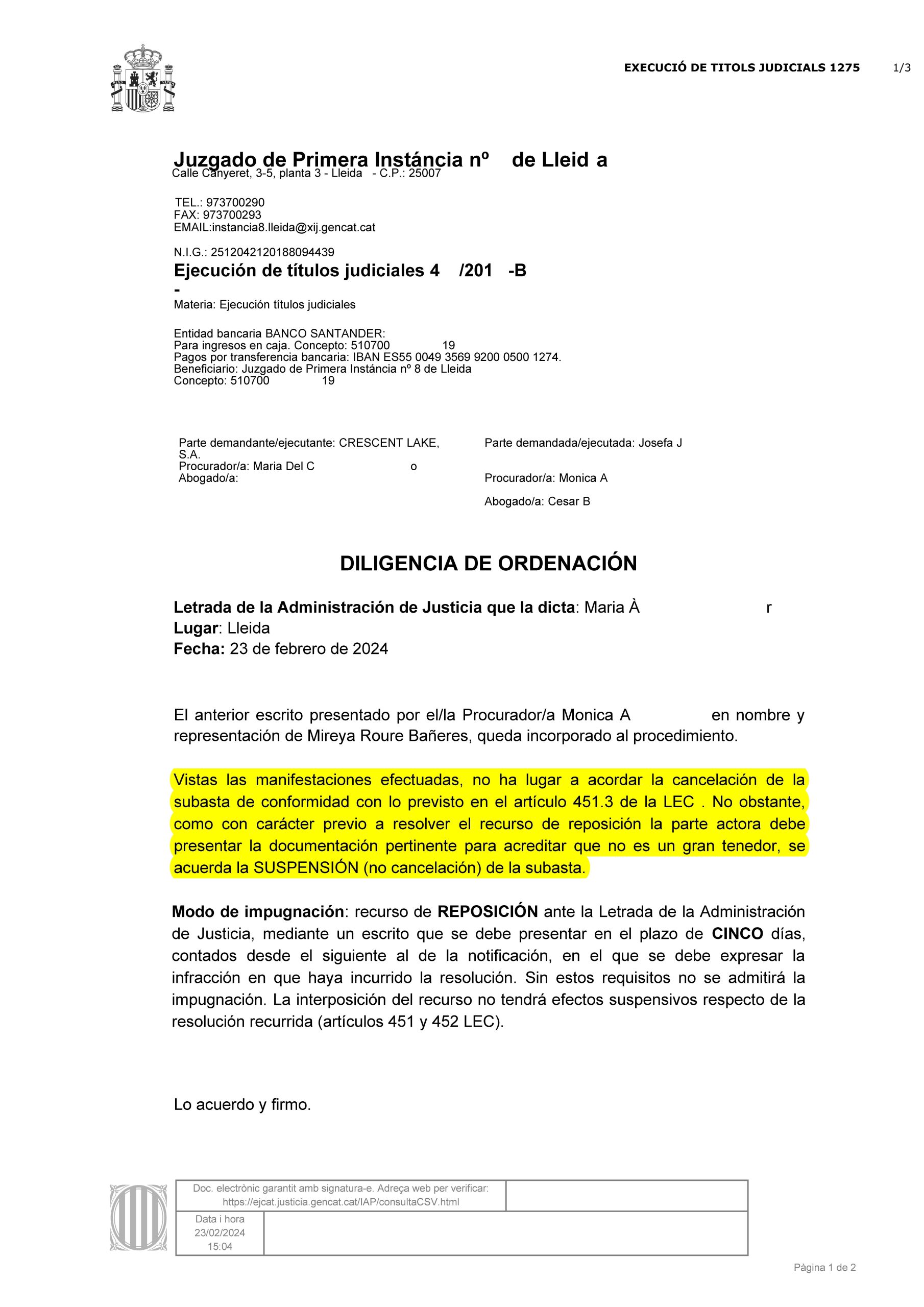 23-02-24.- D.O. notif el 27-02 No ha lugar a acordar la cancelacion de la subasta