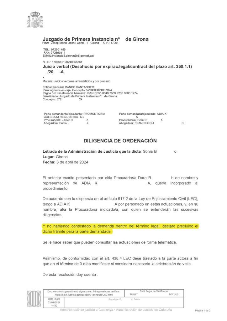 03-04-24.- D.O. notif el 05-04 Se nos tiene por personados. No habiendo contestado demanda dentro del termino legal, se declara concluido tramite