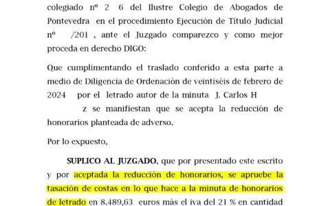 07-03-24.- ESCRITO CONTRARIO de CARLOS OLIVER aceptando la reduccion de honorarios