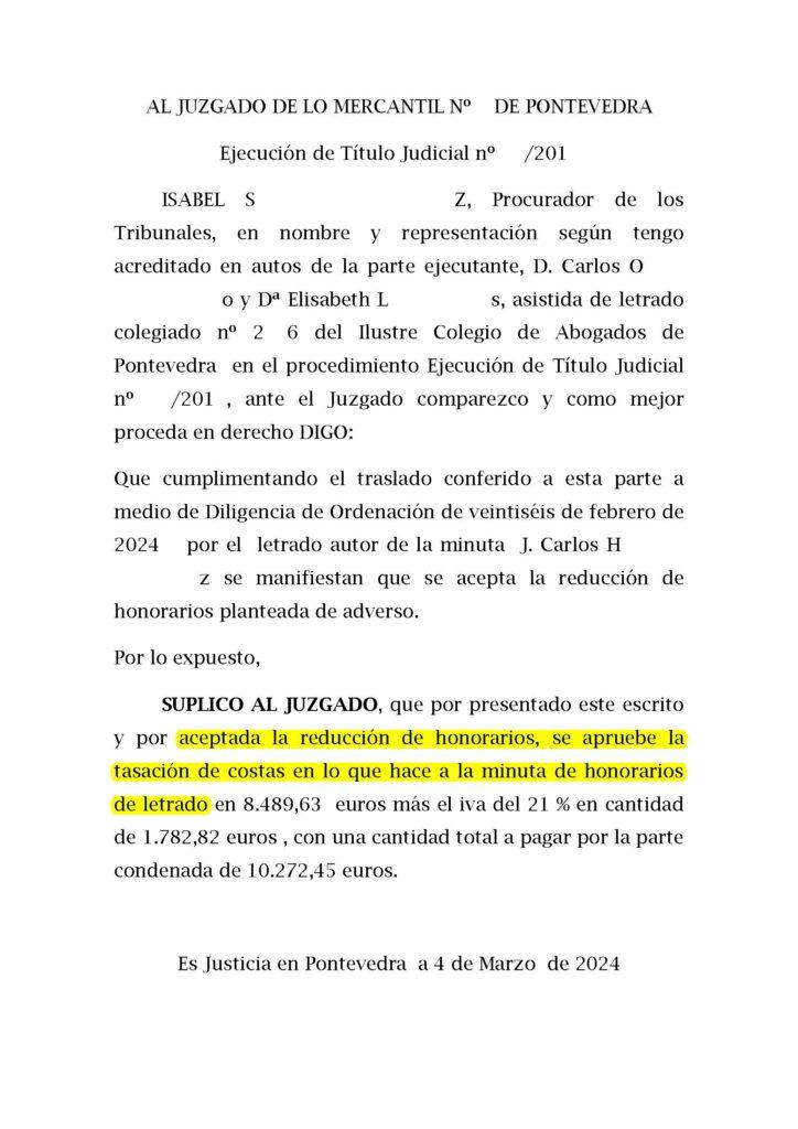 07-03-24.- ESCRITO CONTRARIO de CARLOS OLIVER aceptando la reduccion de honorarios