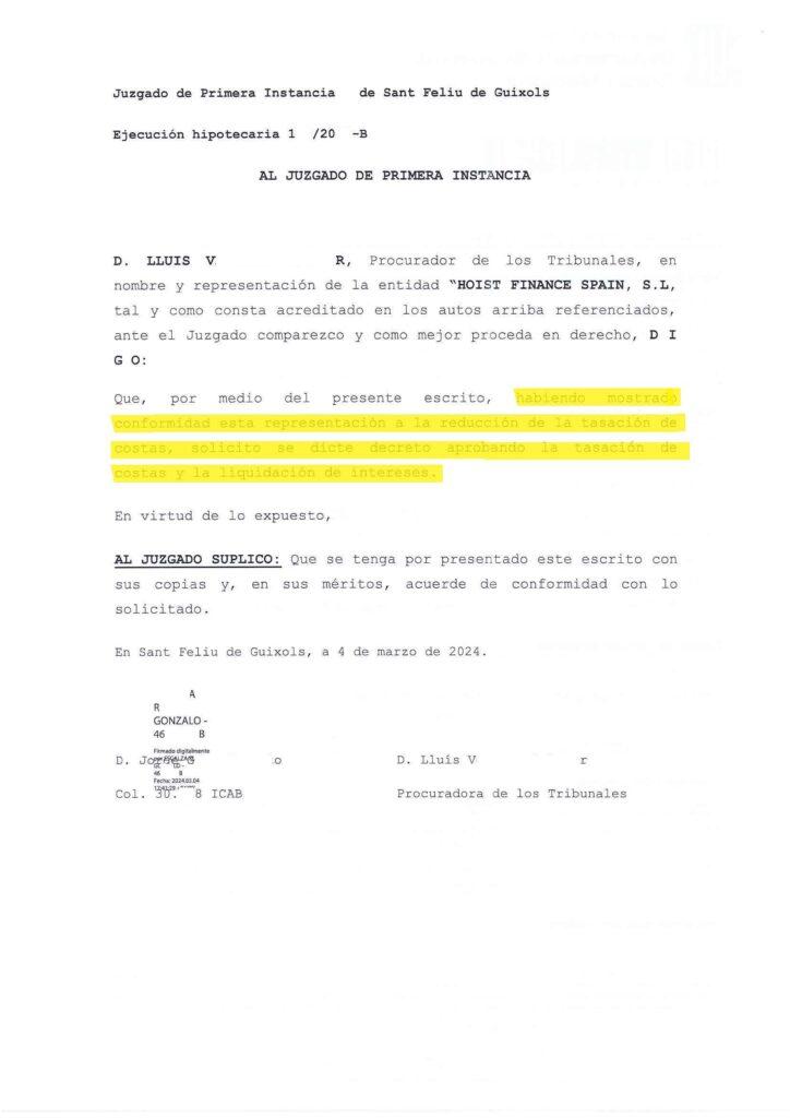 07-03-24.- ESCRITO CONTRARIO de HOIST FINANCE SPAIN mostrado conformidad a la reduccion de la TC, solicita se dicte decreto aprobando la TC