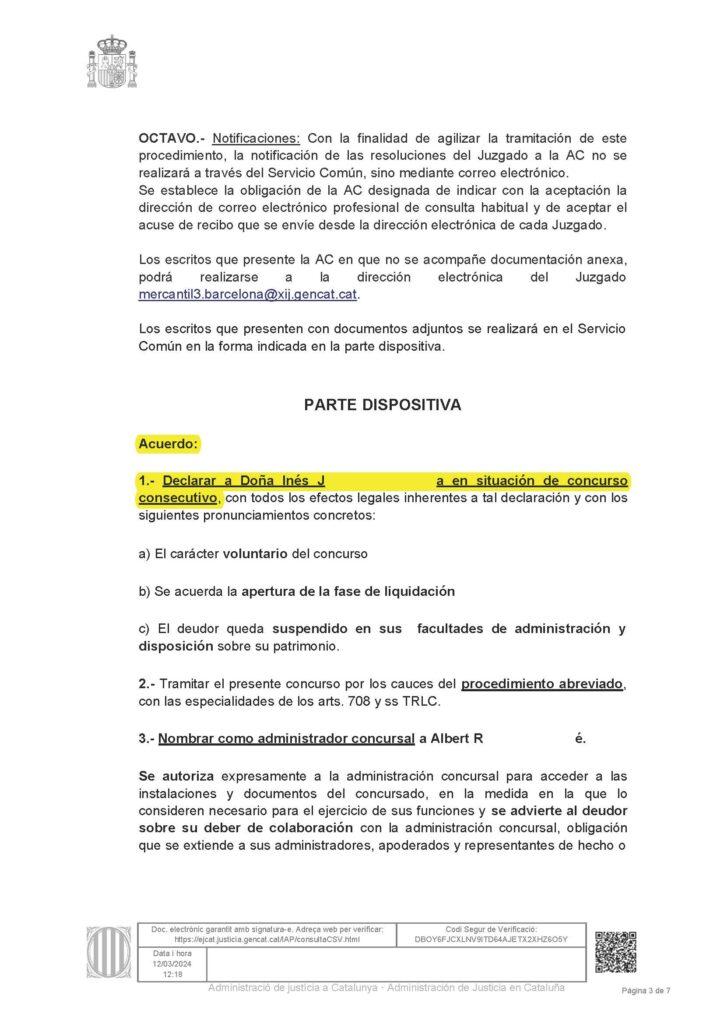 12-03-24.- AUTO de DECLARACION de CONCURSO CONSECUTIVO notif el 05-04 se acuerda declarar a la Sra. Saura en situacion de concurso consecutivo