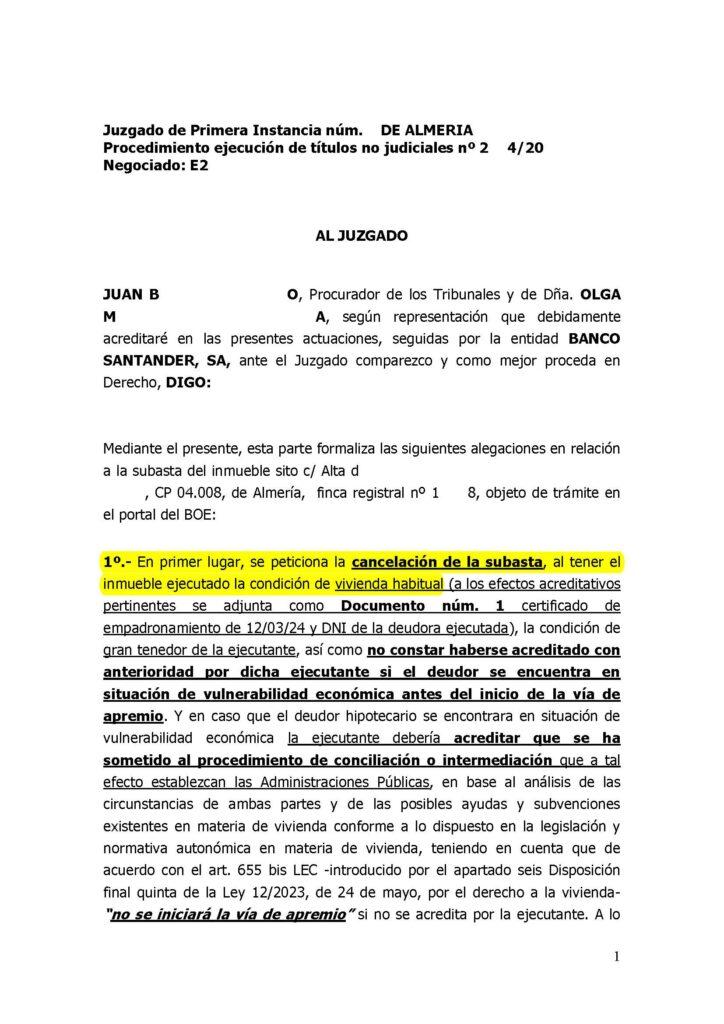 20-03-24.- ESCRITO CONTRARIO de B SANTANDER indicando nulidad de actuaciones al no haberse hecho constar vivienda habitual