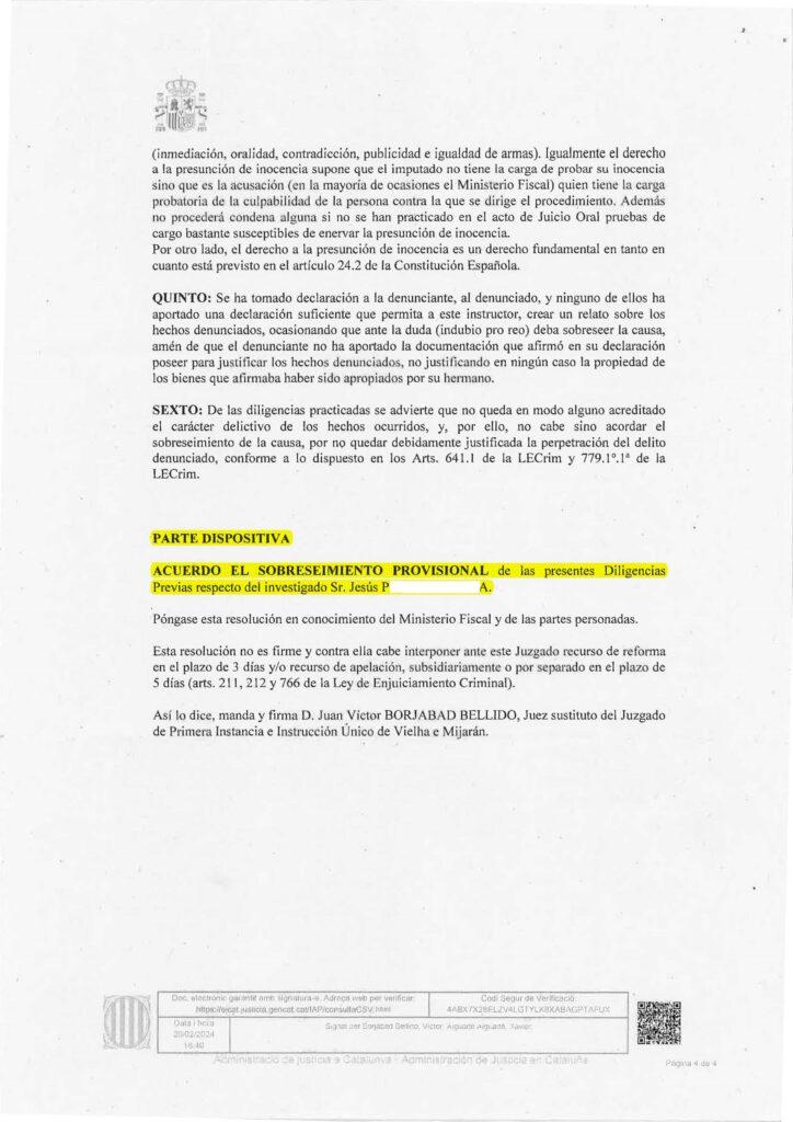 25-03-24.- ENVIADO por el cliente AUTO de fecha 20-02-24 denuncia Se acuerda el SOBRESEIMIENTO PROVISIONAL respecto al investigado
