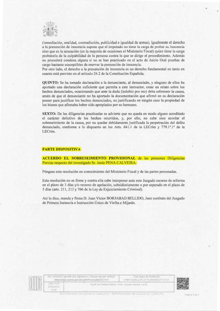 25-03-24.- ENVIADO por el cliente AUTO de fecha 20-02-24 denuncia Se acuerda el SOBRESEIMIENTO PROVISIONAL respecto al investigado