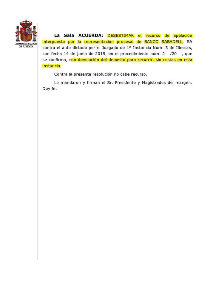 02-05-24.- AUTO notif el 06-05 se DESESTIMA recurso de apelacion de B SABADELL sin costas