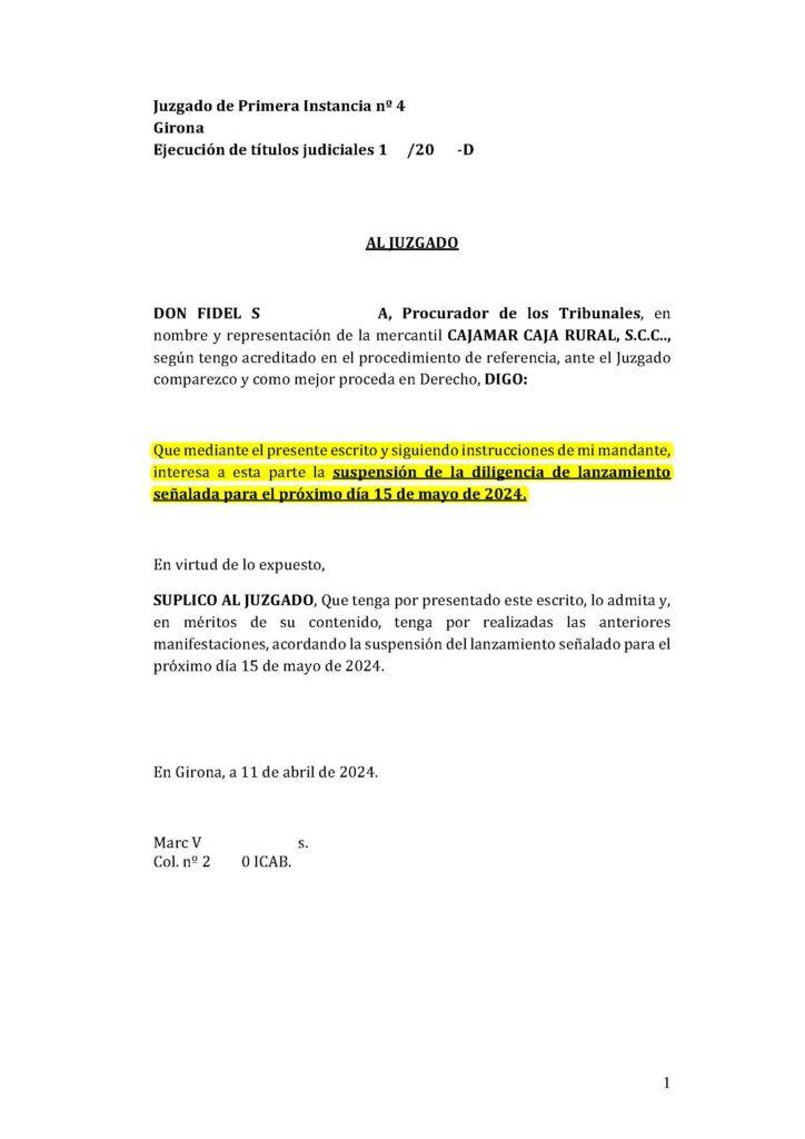 12-04-24.- ESCRITO CONTRARIO de CAJAMAR CAJA RURAL interesando la SUSPENSION DEL LANZAMIENTO señalado el 15-04