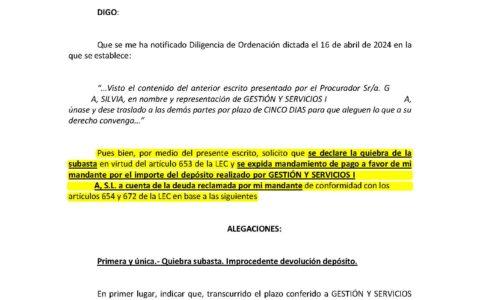 26-04-24.- ESCRITO CONTRARIO de INTRUM INVESTMENT solicitando se declara la quiebra de la subasta y se expida mandamiento de pago