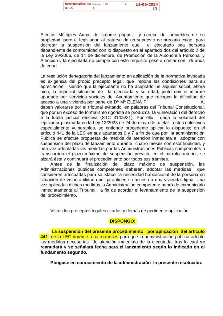 07-06-24.- AUTO notif el 11-06 se dispone SUSPENSION procedimiento durante 4 meses