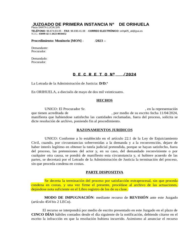 16-05-24.- DECRETO notif el 17-05 se decreta la terminacion del proceso por satisfaccion extraprocesal_page-0001