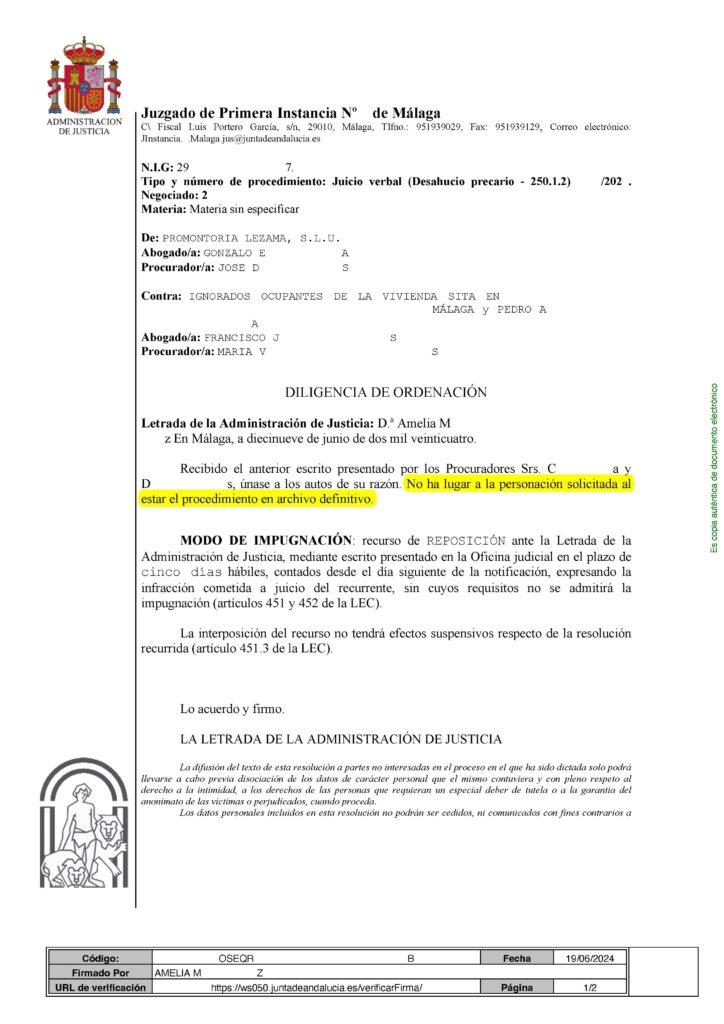 19-06-24.- D.O. notif el 24-06 no ha lugar a la personacion solicitada al estar el procedimiento en archivo definitivo