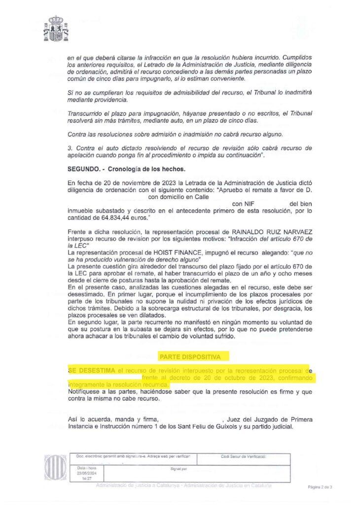 23-05-24.- AUTO notif el 24-05 se desestima recurso de revision de la parte contraria contra Decreto del 20-10-23_page-0001