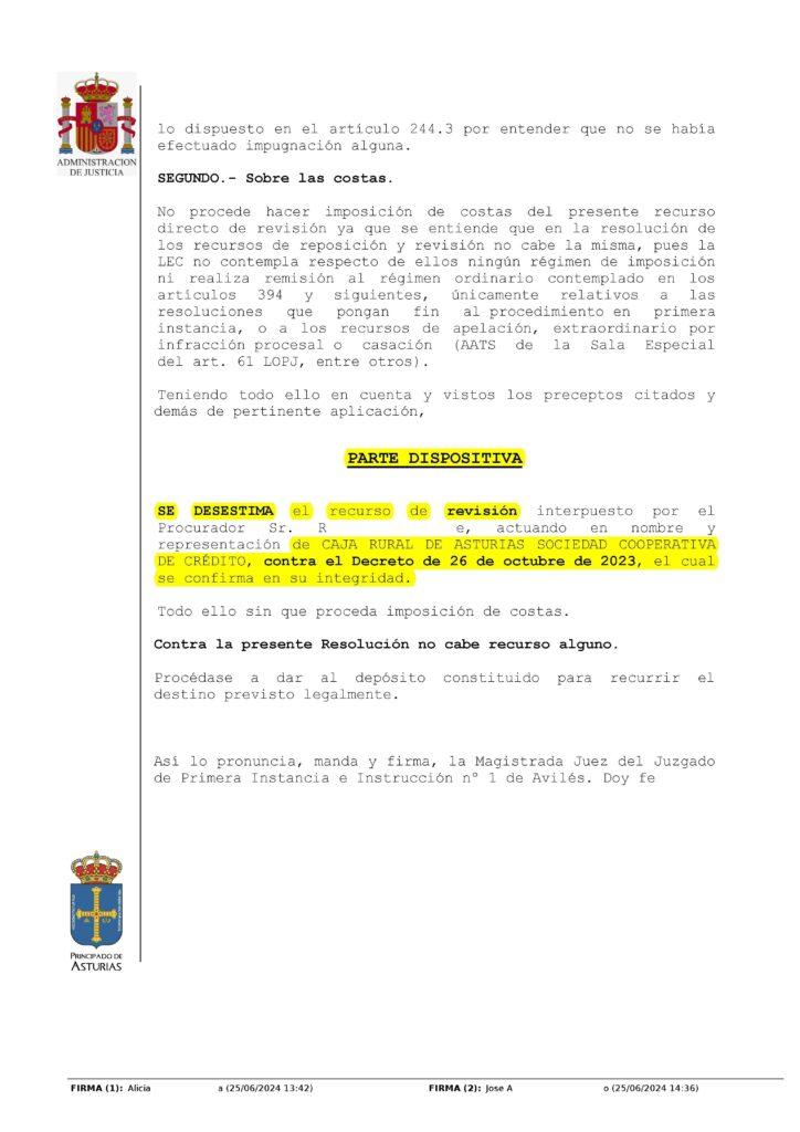 25-06-24.- AUTO notif el 26-06 se desestima recurso de revision de CAJA RURAL contra Decreto