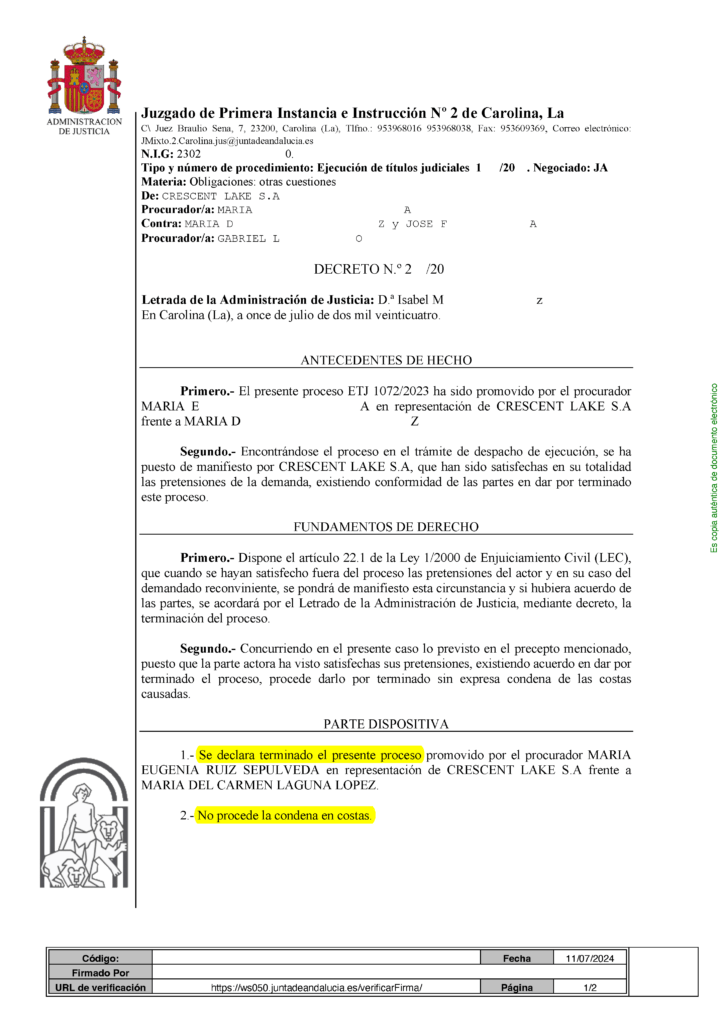11-07-24.- DECRETO notif el 15-07 se declara terminado proceso promovido por CRESCENT LAKE acuerdo extrajudicial