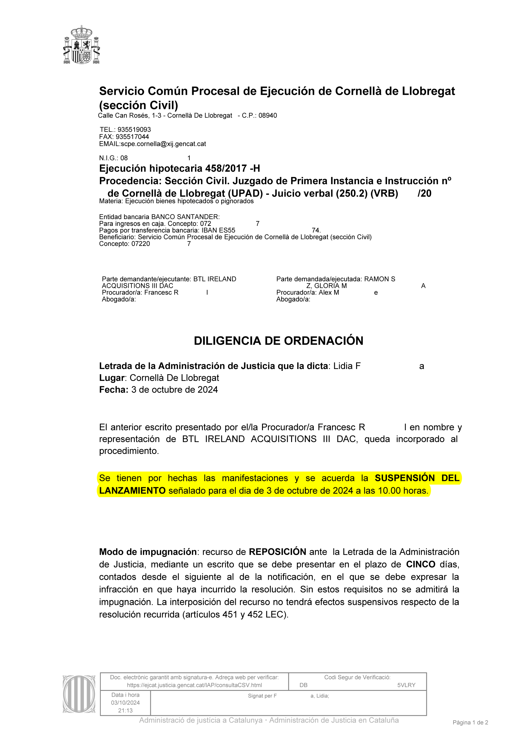 03-10-24.- D.O. notif el 07-10 se acuerda la SUSPENSION del lanzamiento señalado para el dia 03-10
