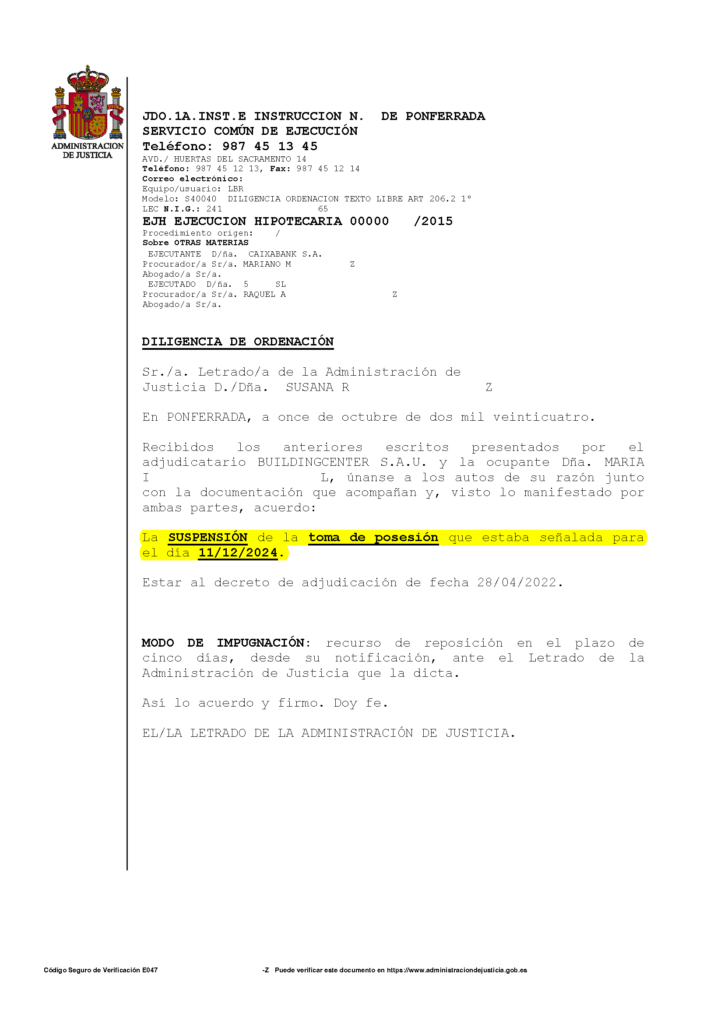 11-10-24.- D.O. notif el 14-10, se acuerda la SUSPENSION de la toma de posesion