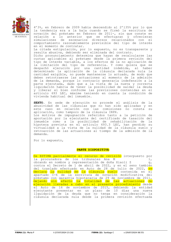 26-07-24.- AUTO notif el 29-07 se declara la nulidad de la clausula suelo