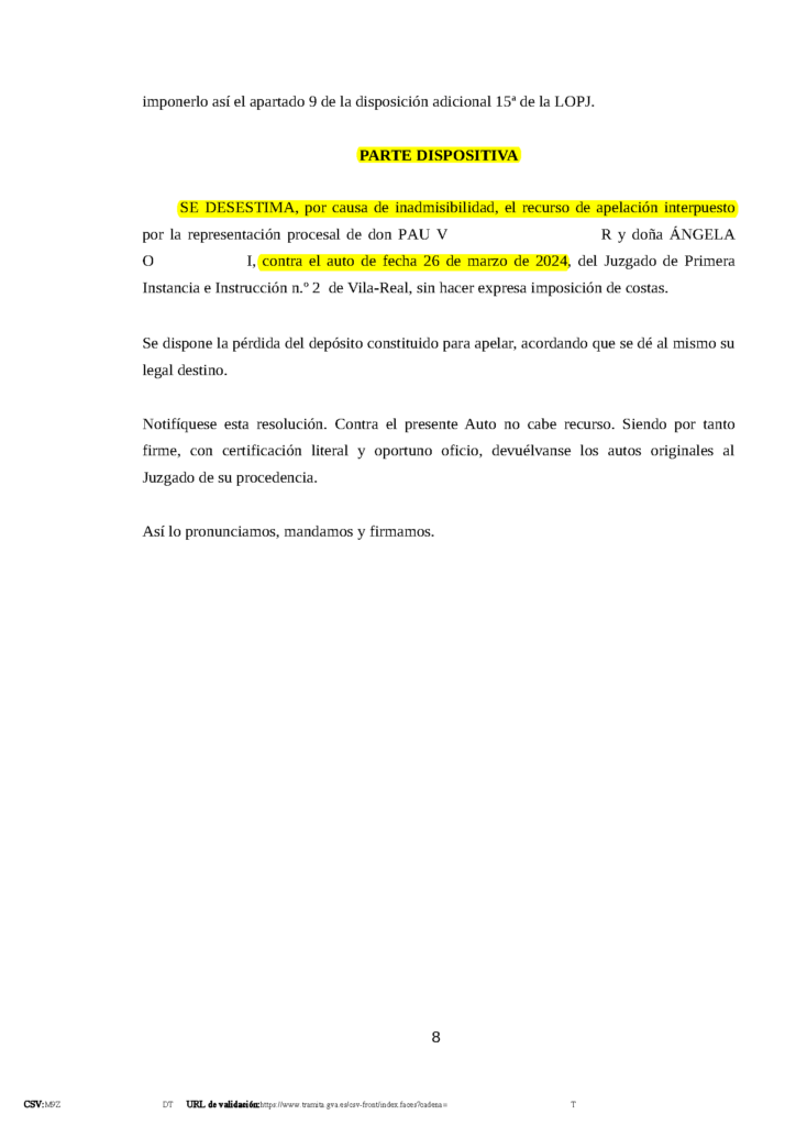18-10-24.- AUTO notif el 05-11 se desestima por inadmisibilidad r. apelacion contra el Auto del 26-03