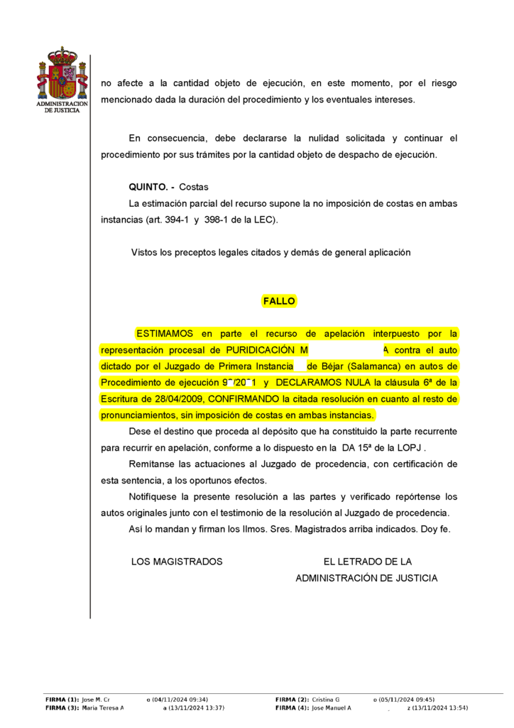 31-10-24.- AUTO notif el 14-11 se ESTIMA en parte nuestro r. de apelacion y se declara nula clausula 6a de la Escritura de 28-04-2009, sin imposicion de costas_Página_08