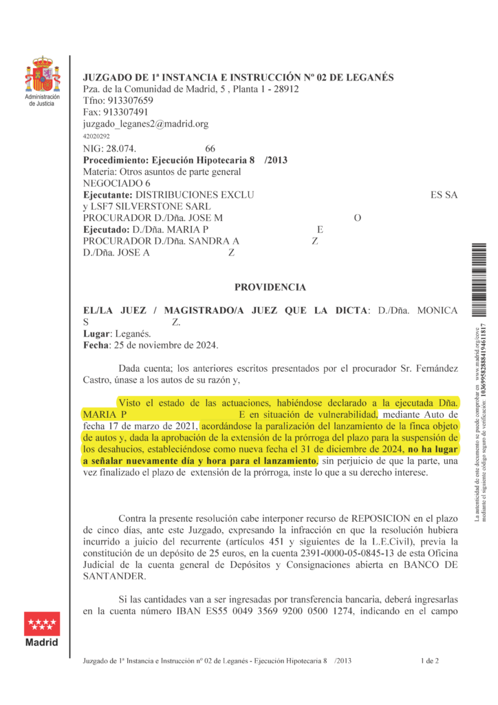 25-11-24.- PROVIDENCIA notif el 27-11 ejecutada en situacion de vulnerabilidad NO ha lugar a señalar nuevamente dia