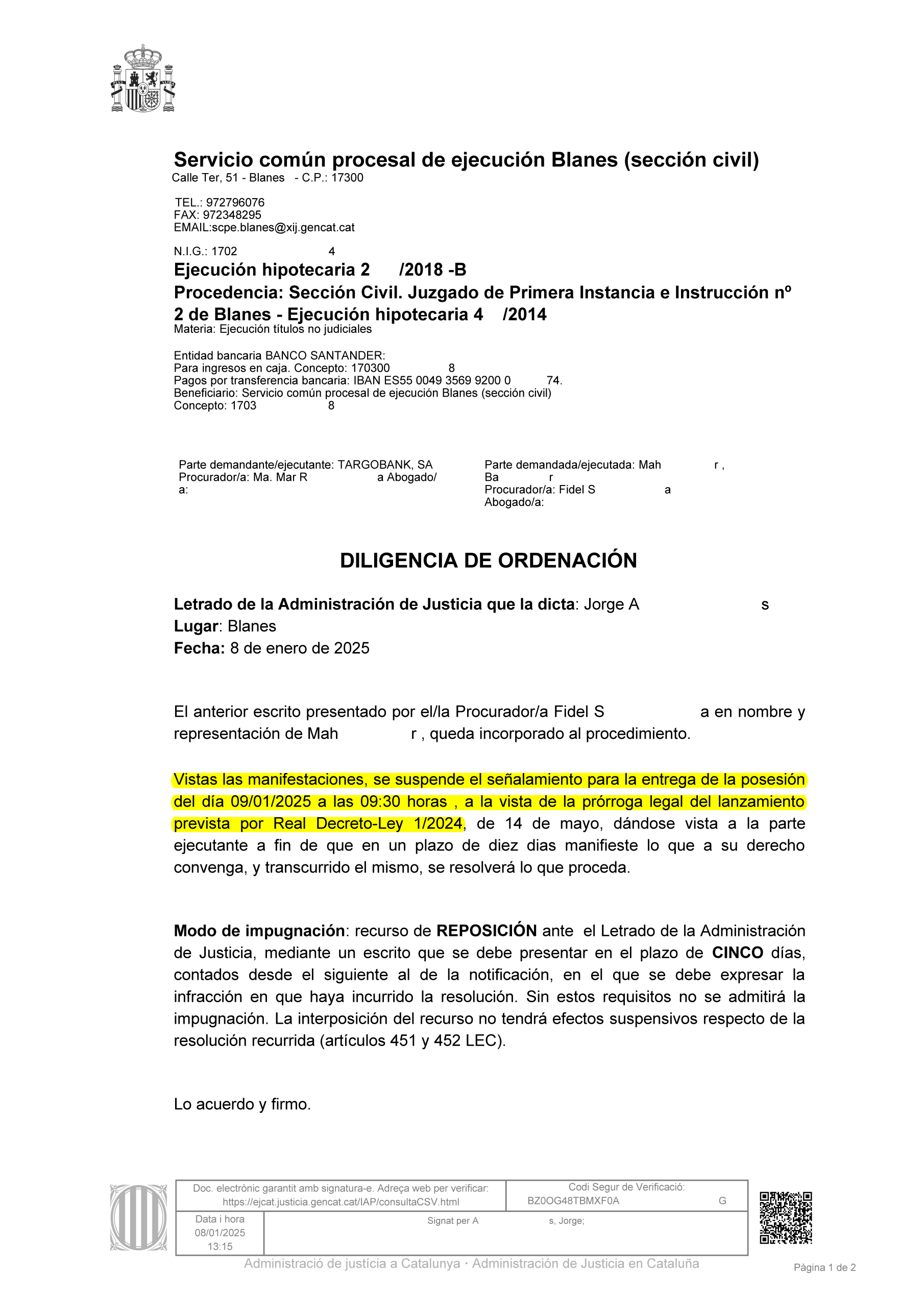 08-01-25.- D.O. notif el 08-01 se SUSPENDE POSESION
