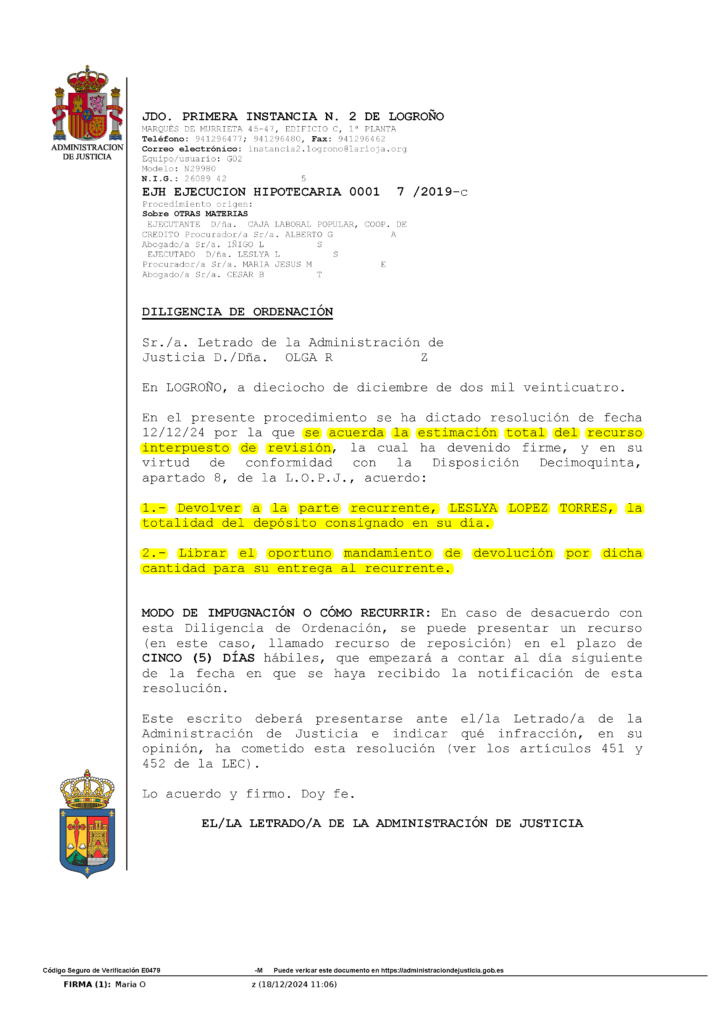 18-12-24.- D.O. notif el 19-12 dictada resolucion estimacion total r. revision se acuerda devolver deposito y librar mandamiento devolucion