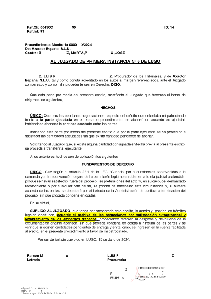 19-12-24.- ESCRITO CONTRARIO de AXACTOR ESPAN_A solicitando el archivo actuaciones por satisfaccion extraprocesal y levantamiento de los embargos trabados_Página_1