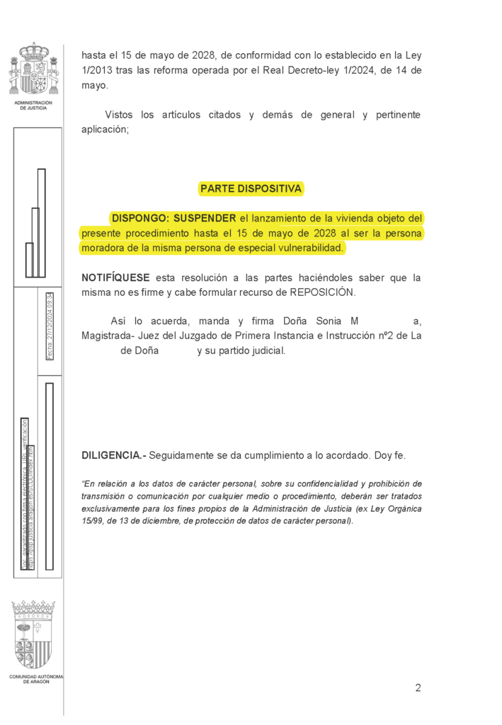 26-12-24.- AUTO notif el 09-01 se SUSPENDE LANZAMIENTO de la vivienda hasta el 15-05-28