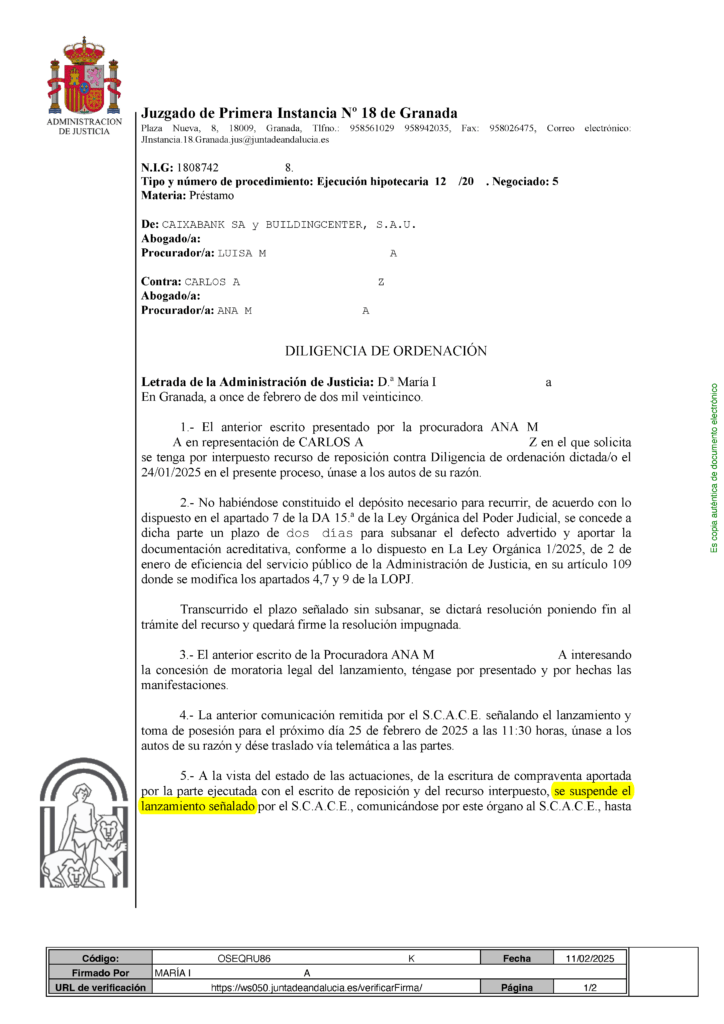 11-02-25.- D.O. notif el 12-02 dos dias para constituir deposito r. reposicion. Por presentado nuestro escrito MORATORIA Se SUSPENDE LANZAMIENTO