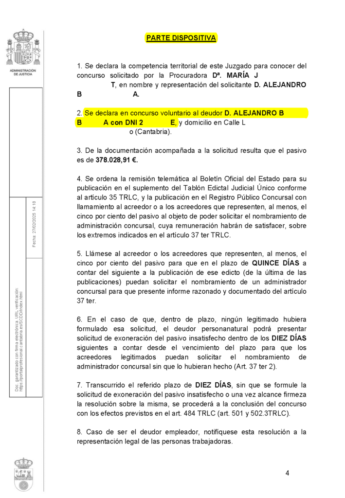 27-02-25.- AUTO notif el 05-03 se declara en concurso voluntario al deudor ALEJANDRO