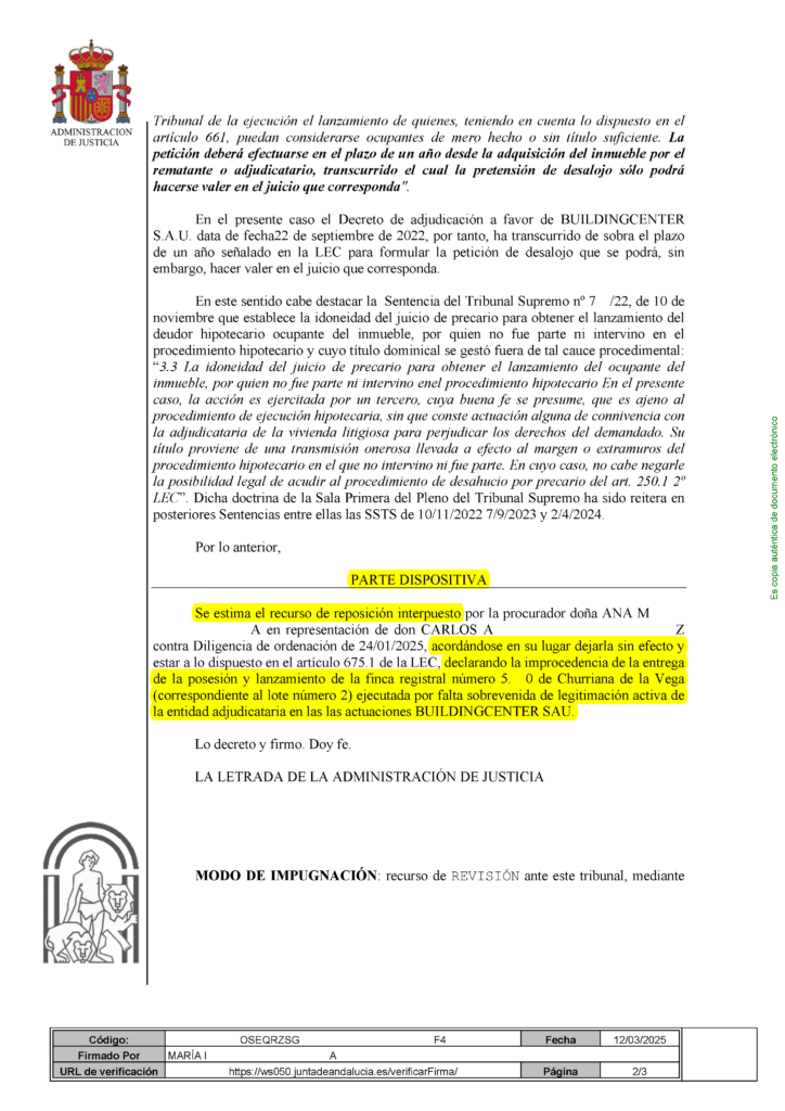 12-03-25.- DECRETO notif el 17-03 se ESTIMA nuestro r. de reposicion