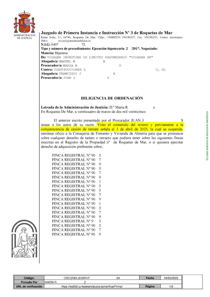 24-03-25.- D.O. notif el 25-03 se suspende cesion remate del 03-04