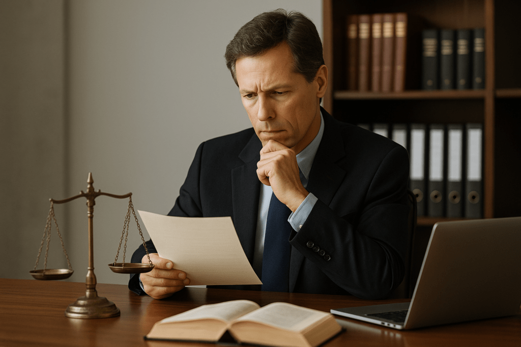 Abogado revisando un documento legal junto a una balanza de justicia, simbolizando la responsabilidad civil del fabricante y el equilibrio jurídico.